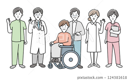 Elderly couple in wheelchairs and medical staff 124381618