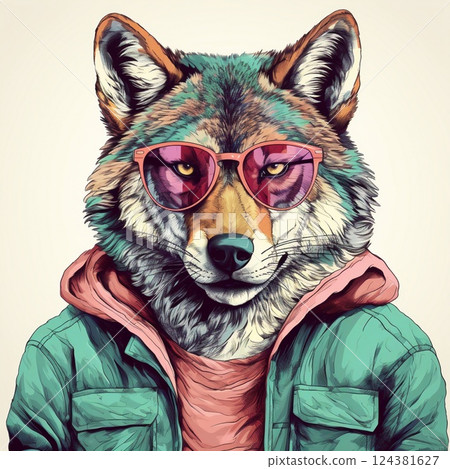Wolf in sunglasses and jacket. Generative AI 124381627