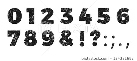 Numbers and punctuation marks rough texture font, grunge chalk stylized typographic numeric symbols, retro grainy type Numbers and punctuation marks rough texture font, grunge chalk stylized typographic numeric symbols, retro grainy type 124381692