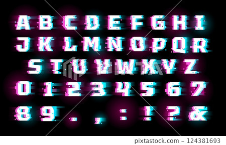 Uppercase letters alphabet and numbers, glitch and digital vhs noise effect font, destroyed glitch typographic symbols 124381693
