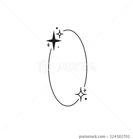 Minimalist Y2K aesthetic line art border, vector abstract black linear oval frame with stars and sparkles, Boho space 124381701