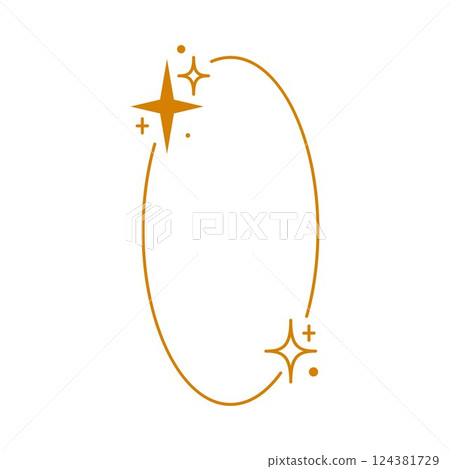 Minimalist Y2K aesthetic line border, vector orange linear oval frame with stars and sparkles, round shape Boho line art 124381729