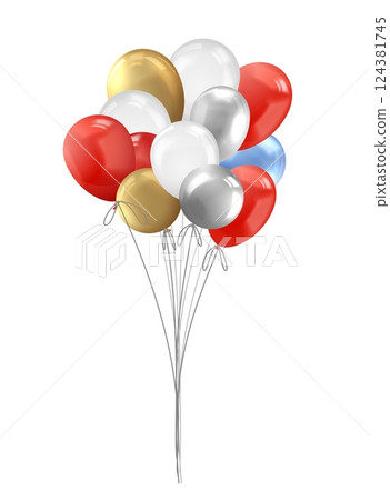 Realistic colorful inflated balloons bunch on ribbon, 3d vector air decoration for festive events, party celebration Realistic colorful inflated balloons bunch on ribbon, 3d vector air decoration for festive events, party celebration 124381745