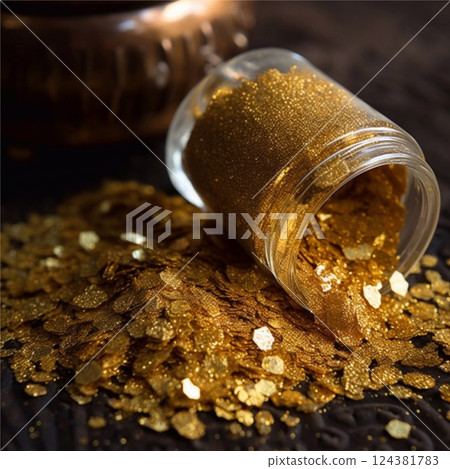 Golden glitter in a glass container with scattered sparkles around it on a wooden table. Generative AI 124381783