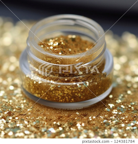Golden glitter in a glass container with scattered sparkles around it. Generative AI 124381784