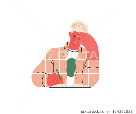 Writing people, modern flat vector concept illustration- sitting man thoughtfully writing on notebook. Metaphor for reflection, personal insight, contemplation, creative expression Writing people, modern flat vector concept illustration- sitting man thoughtfully writing on notebook. Metaphor for reflection, personal insight, contemplation, creative expression 124381828