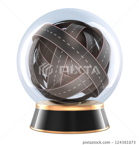 Clear Crystal Ball with tangled ball of roads inside. Challenging Road Ahead, concept. 3D rendering Clear Crystal Ball with tangled ball of roads inside. Challenging Road Ahead, concept. 3D rendering 124381873