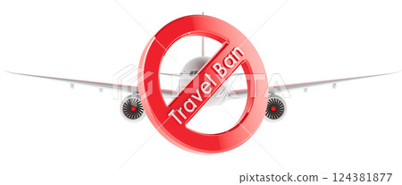 Forbidden sign with airplane. Travel ban, concept. 3D rendering Forbidden sign with airplane. Travel ban, concept. 3D rendering 124381877