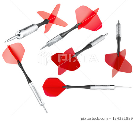 Set of red darts, different views and angles. 3D rendering 124381889