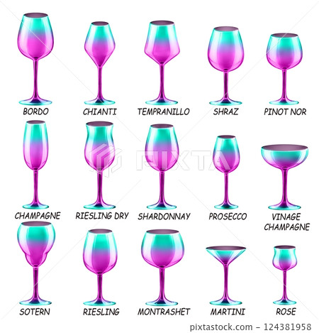 Set of colored glasses for wine, cocktails and other drinks. Drawings for bar and restaurant. Set of colored glasses for wine, cocktails and other drinks. Drawings for bar and restaurant. 124381958