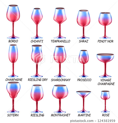 Set of colored glasses for wine, cocktails and other drinks. Drawings for bar and restaurant. 124381959
