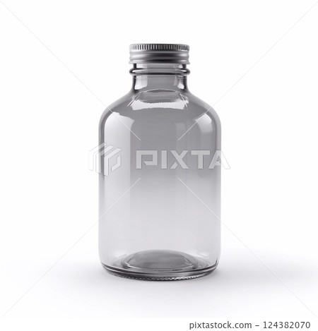 Clear glass bottle with a black plastic cap, featuring a classic round shape. Generative AI. Clear glass bottle with a black plastic cap, featuring a classic round shape. Generative AI. 124382070