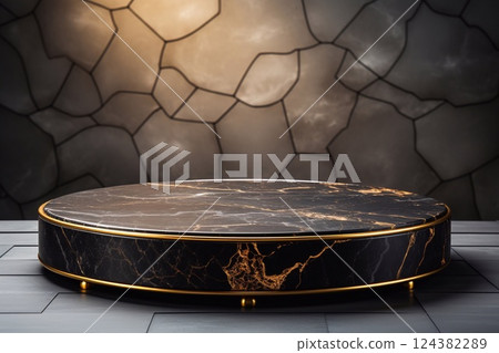Black marble pedestal on black marble background. 3d rendering. Generative AI 124382289