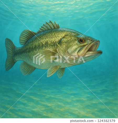 雄偉地遊動的黑鱸魚 124382379