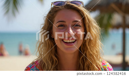 Happy young blonde woman smiling broadly on a sunny tropical beach 124382416