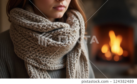 Warm and cozy scene with female wearing knitted scarf by fireplace. AI generation 124382489