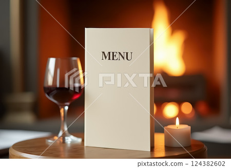 Cozy restaurant setting with menu, wine glass, and candle by the fireplace. AI generation Cozy restaurant setting with menu, wine glass, and candle by the fireplace. AI generation 124382602