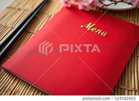 Asian cuisine menu design on bamboo mat with red cover for restaurant branding. AI generation Asian cuisine menu design on bamboo mat with red cover for restaurant branding. AI generation 124382603