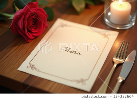 Elegant restaurant menu with candlelight and rose for romantic dinner setting. AI generation Elegant restaurant menu with candlelight and rose for romantic dinner setting. AI generation 124382604