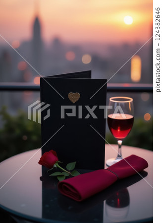 Romantic sunset dinner scene with wine glass and rose on balcony table 124382646