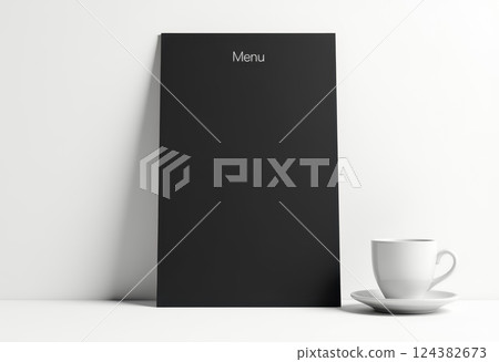 Elegant black menu design with minimalist white cup in modern cafe setting. AI generation 124382673
