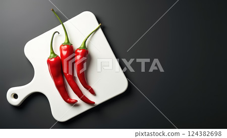 Three red chili peppers on white cutting board. AI generation 124382698