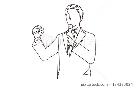 一位商人用麥克風做演講的線畫 一位商人用麥克風做演講的線畫 124383024