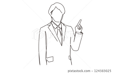 Line drawing illustration of a businessman pointing and giving directions 124383025