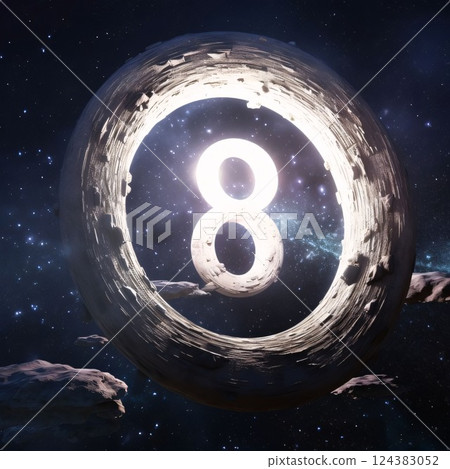Number eight in space against a background of the starry sky. 124383052