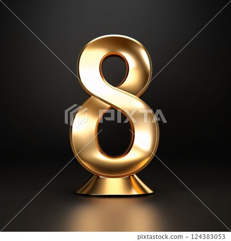 Golden number 8 isolated on black background. 3d rendered font. 124383053