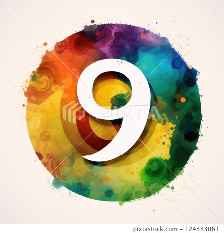 Number 9 on colorful watercolor splash background. Vector design template. Number 9 on colorful watercolor splash background. Vector design template. 124383061