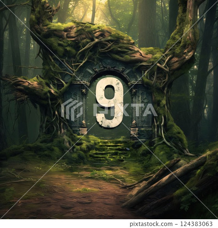Number 9 in the forest. 3D illustration. Halloween concept. Number 9 in the forest. 3D illustration. Halloween concept. 124383063