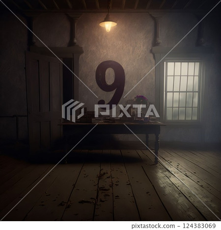 3D rendering of an old room with a number 9 on the table 3D rendering of an old room with a number 9 on the table 124383069