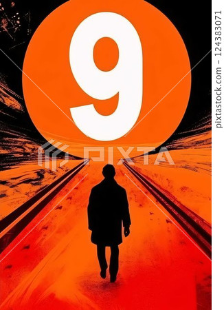 Silhouette of a man in front of an orange wall with number 9 Silhouette of a man in front of an orange wall with number 9 124383071