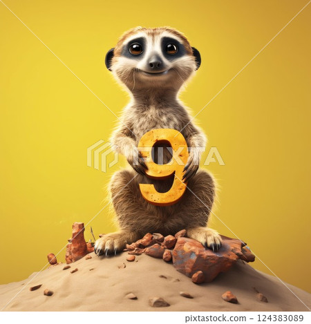 Cute meerkat sits on a rock and holds a letter 9. Cute meerkat sits on a rock and holds a letter 9. 124383089