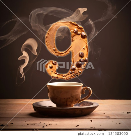 Coffee cup with numeral 9 on wooden table, close up Coffee cup with numeral 9 on wooden table, close up 124383090
