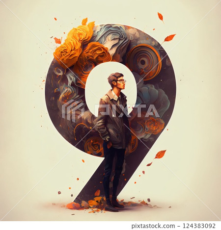 Retro style portrait of a young man in the form of a question mark. number 9 Retro style portrait of a young man in the form of a question mark. number 9 124383092