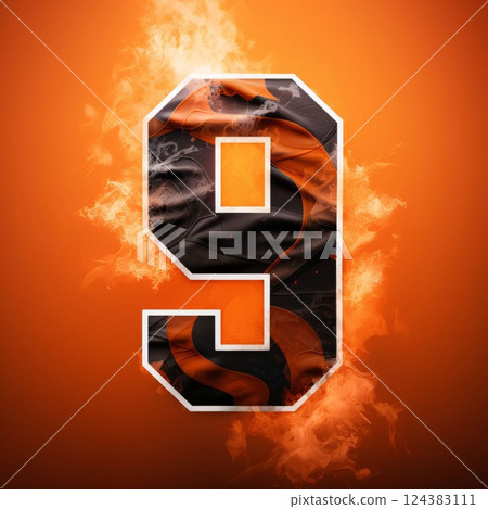 Smoky number 9 on a orange background with a pattern of fire Smoky number 9 on a orange background with a pattern of fire 124383111