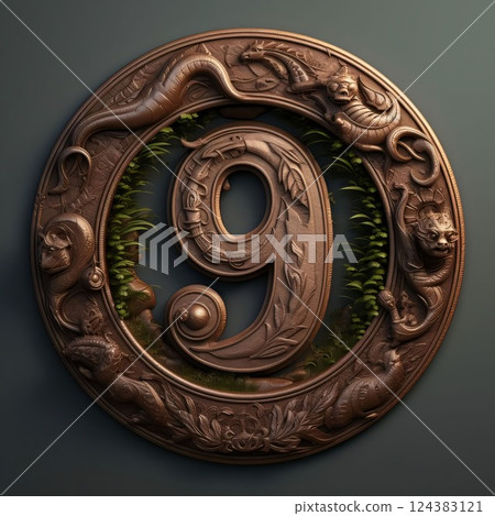 number nine in bronze with plants on dark background. 3d illustration 124383121