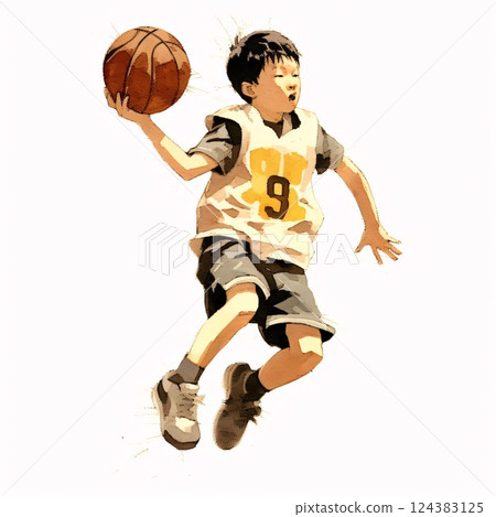 Illustration of a young boy playing basketball isolated on a white background number 9 124383125