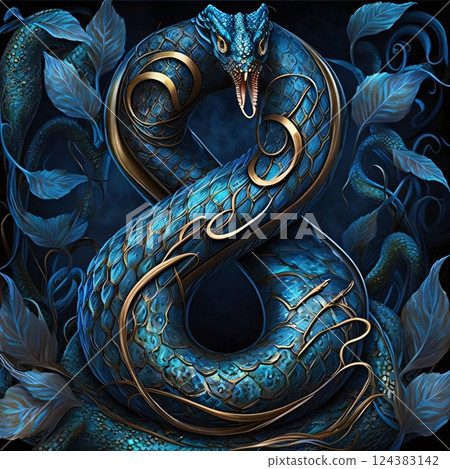 Snake in blue and gold colors. 3D rendering. Computer digital drawing. Number 8 Snake in blue and gold colors. 3D rendering. Computer digital drawing. Number 8 124383142