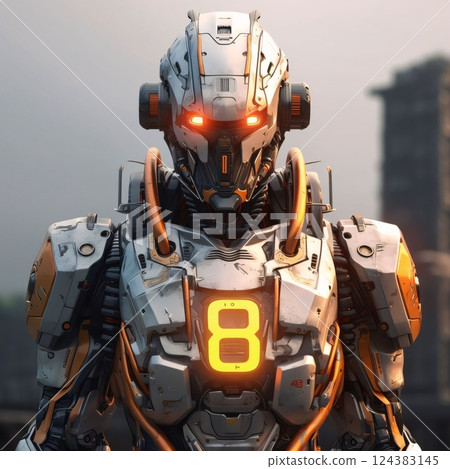 robot on the background of the city. 3d rendering. Number 8 robot on the background of the city. 3d rendering. Number 8 124383145