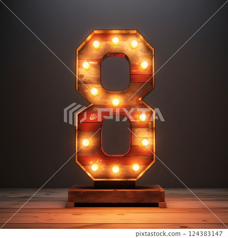 Neon light bulb font. Number 8. 3D Rendering Number 8 124383147