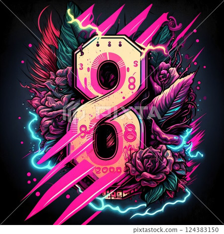 Number eight with rose flower and lightning on dark background. Vector illustration. Number 8 Number eight with rose flower and lightning on dark background. Vector illustration. Number 8 124383150