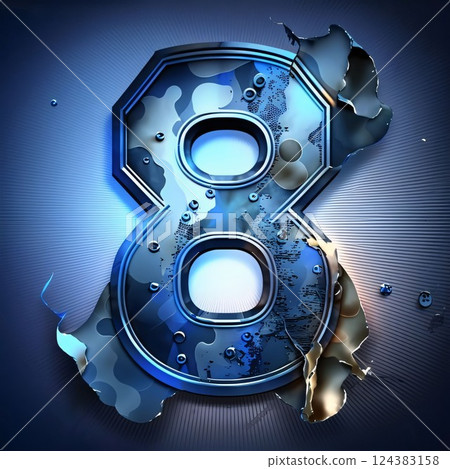 Number 8 in blue metal on a blue background. 3d illustration Number 8 in blue metal on a blue background. 3d illustration 124383158