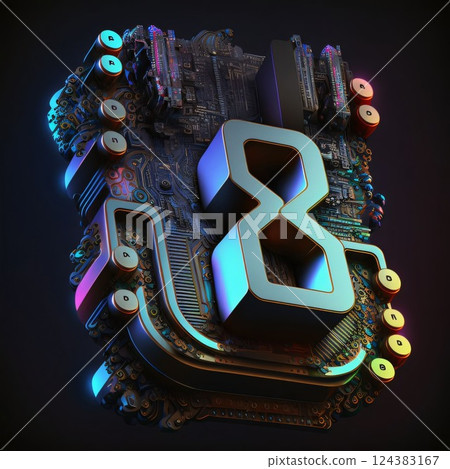 3d illustration of abstract circuit board with metal elements, high tech concept Number 8 124383167