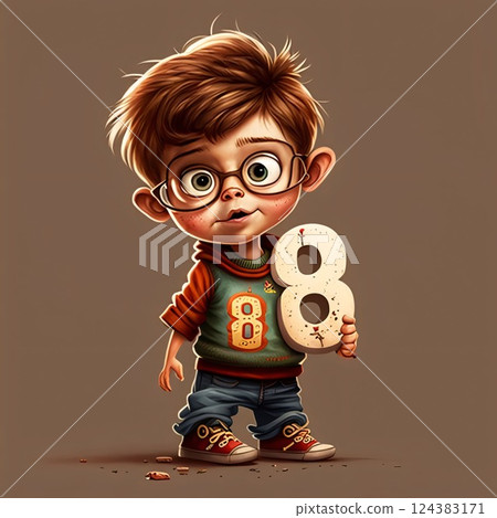 Cute little boy in glasses holding a number eight. Vector illustration. Cute little boy in glasses holding a number eight. Vector illustration. 124383171