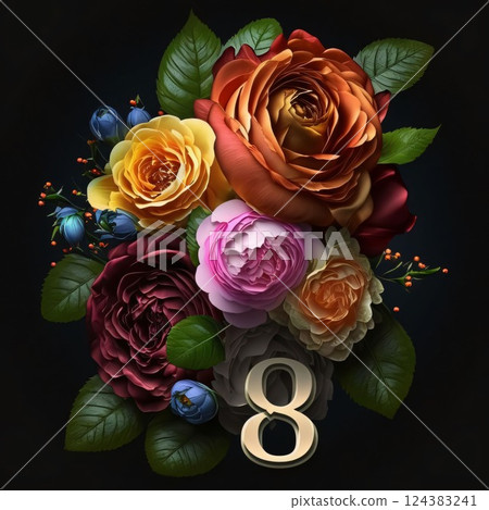 8 March. International Women's Day. Floral Greeting Card. Flower bouquet on dark background. 8 March. International Women's Day. Floral Greeting Card. Flower bouquet on dark background. 124383241