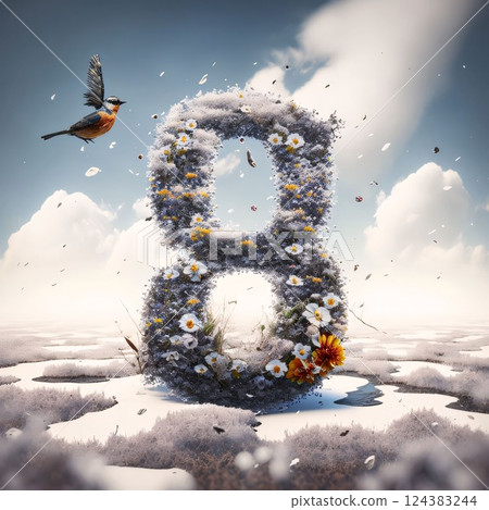 Number eight made of flowers and birds in the snow. 3D rendering 124383244