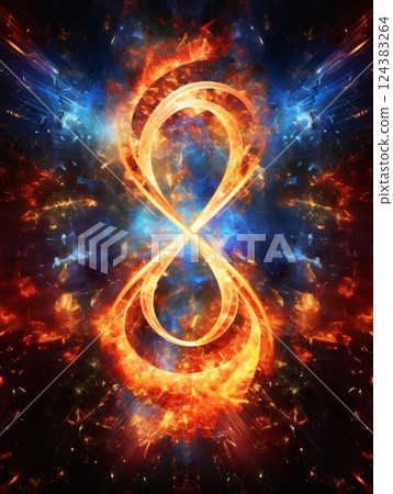 number eight in the space with fire and smoke, computer generated abstract background 124383264